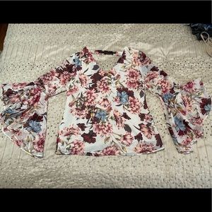 WHITE HOUSE BLACK MARKET Floral Blouse with Bell Sleeves